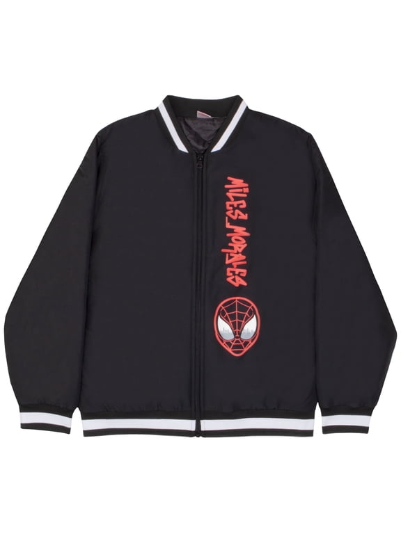 Spider-Man Boys Varsity Bomber Jacket - Zip-Up Miles Morales Graphic Print Superhero Jacket for Kids & Teens - Casual Lightweight Coat (Sizes 8-20)