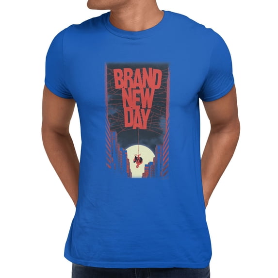 Marvel Spider-Man Brand New Day Men's Red Web Skyline Poster T-Shirt (Royal, S-XXXL)