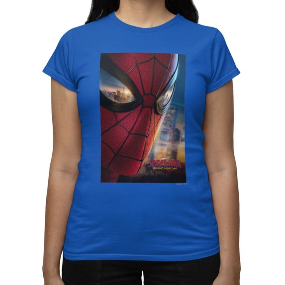 Marvel Spider-Man Brand New Day Women's Close Up Eye City Poster T-Shirt (Royal, S-XXL)