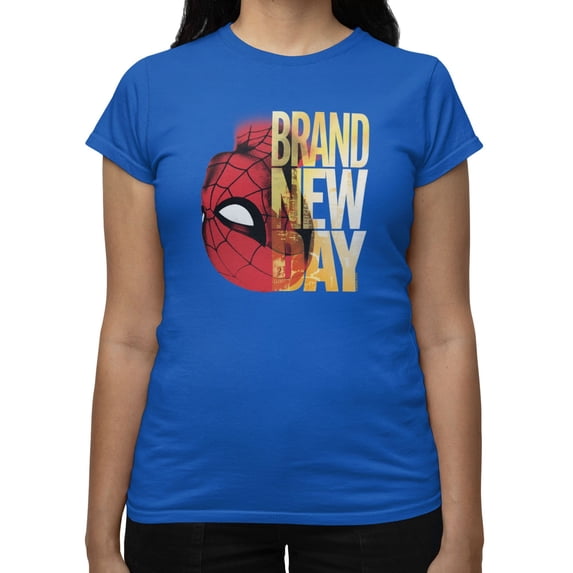 Marvel Spider-Man Brand New Day Women's Spidey Upside Down Logo T-Shirt (Royal, S-XXL)