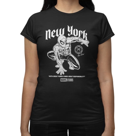 Marvel Spider-Man Brand New Day Women's Vintage New York Quote Sketch T-Shirt (Black, S-XXL)