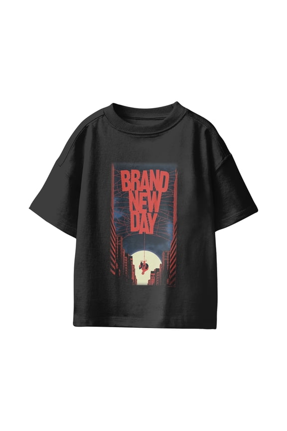 Spider-Man Brand New Day Youth Red Web Skyline Poster T-Shirt (Black, XS-XL)