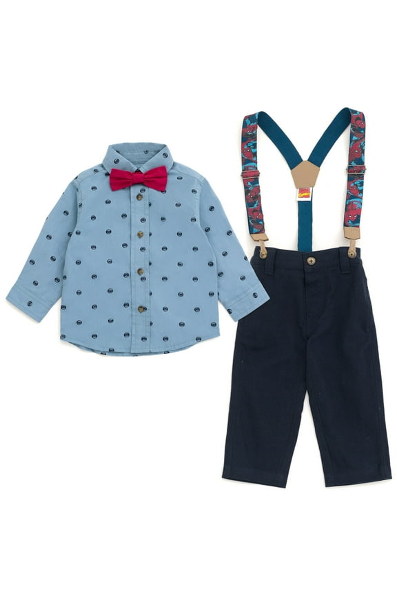 Spider-Man Button Down Shirt Twill Pants Suspenders and Bow-Tie 4 Piece Outfit Set Infant to Big Kid