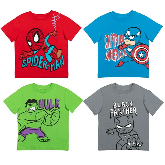 Marvel Spider-Man Captain America Black Panther Toddler Boys 4 Pack T-Shirts Toddler to Big Kid