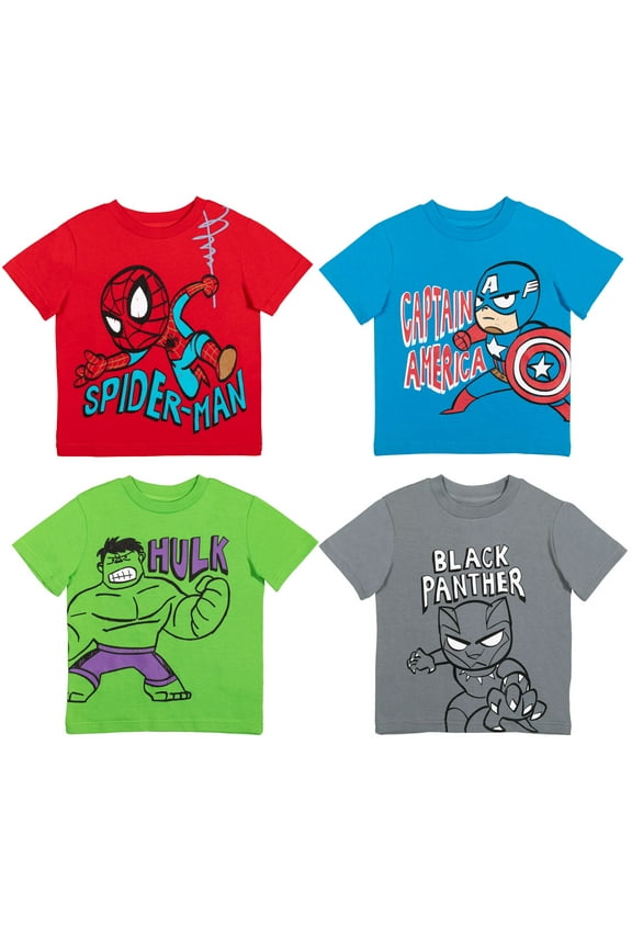 Spider-Man Captain America Black Panther Toddler Boys 4 Pack T-Shirts Toddler to Big Kid