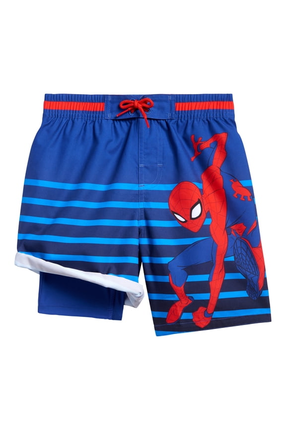 Spider-Man Little Boys Compression UPF 50+ Swim Trunks Blue Stripes 5-6