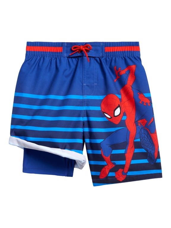 Spider-Man Little Boys Compression UPF 50+ Swim Trunks Blue Stripes 7