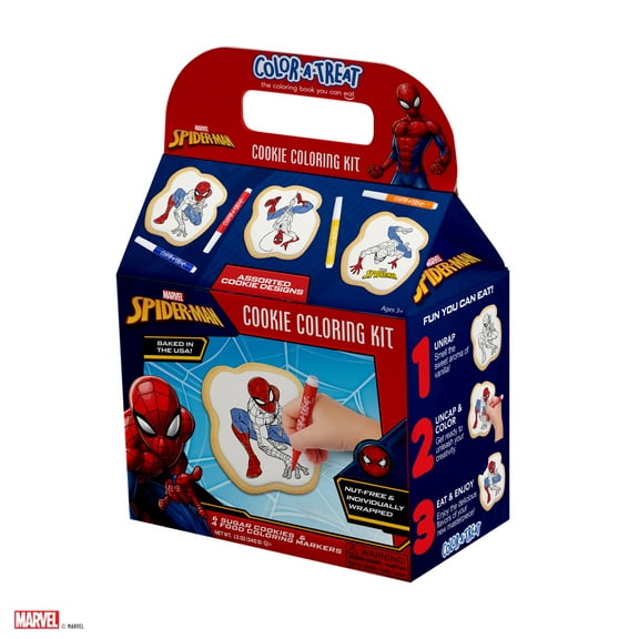 Marvel Spider-Man Cookie Coloring Kit by Color-a-Treat, 12oz, Includes 6 Sugar Cookies and 4 Food Coloring Markers