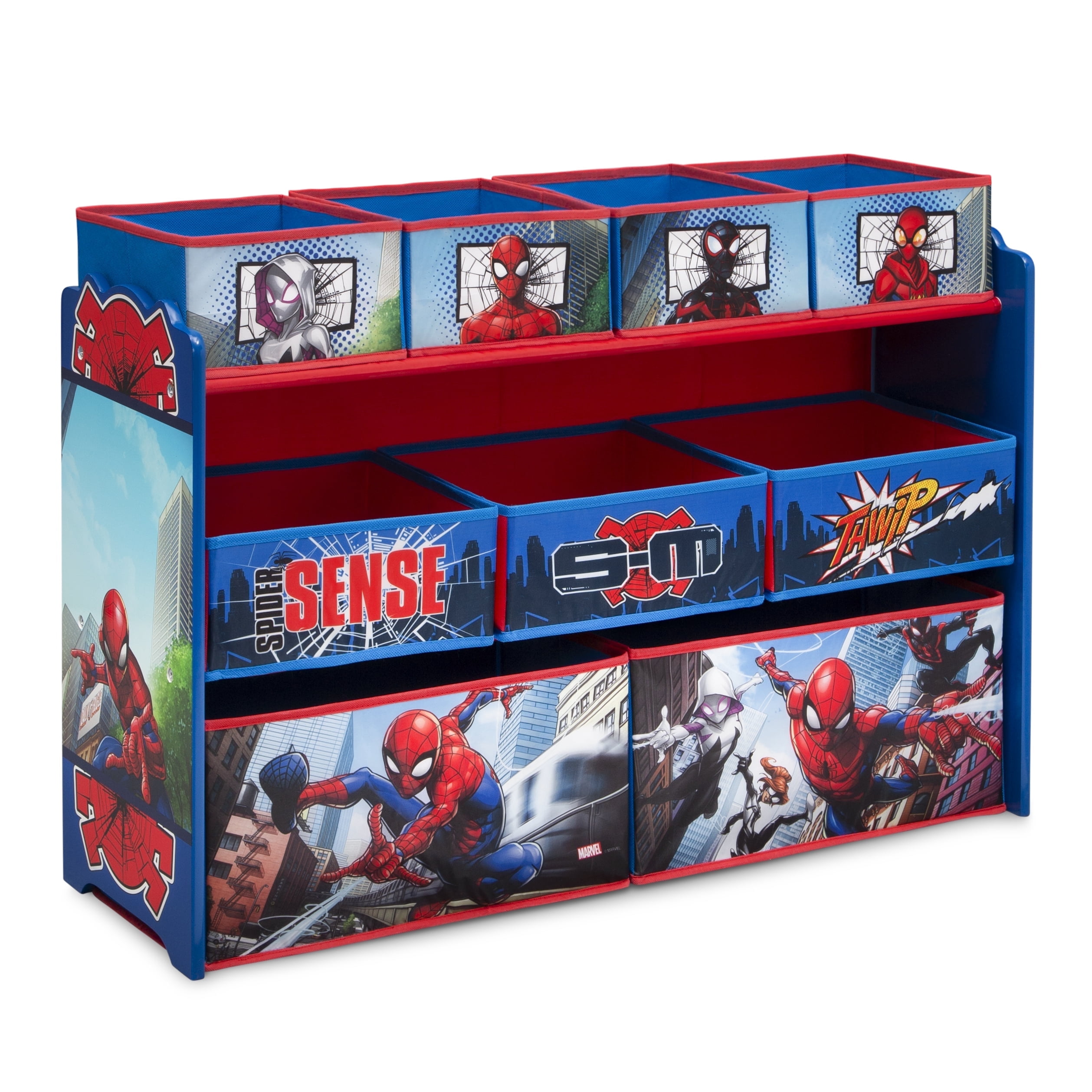 "Marvel Spider-Man Toy Storage Organizer, 9 Fabric Bins, Reusable Stickers, 37""W"