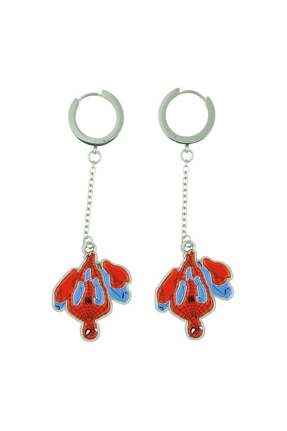 Marvel Spider-Man Earrings Upside-Down Spidey Huggie Clicker Hoop Dangle Jewelry
