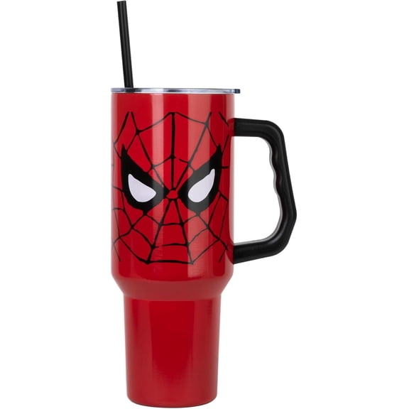 Silver Buffalo Marvel Spider-Man Double Walled Stainless Steel Tumbler with Handle and Straw, Fits in Standard Cup Holder, 40 Ounces