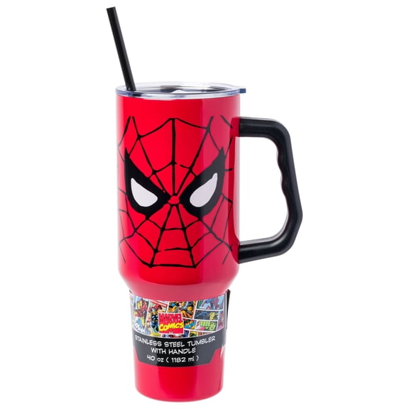 Silver Buffalo Marvel Spider-Man Double Walled Stainless Steel Tumbler with Handle and Straw, Fits in Standard Cup Holder, 40 Ounces