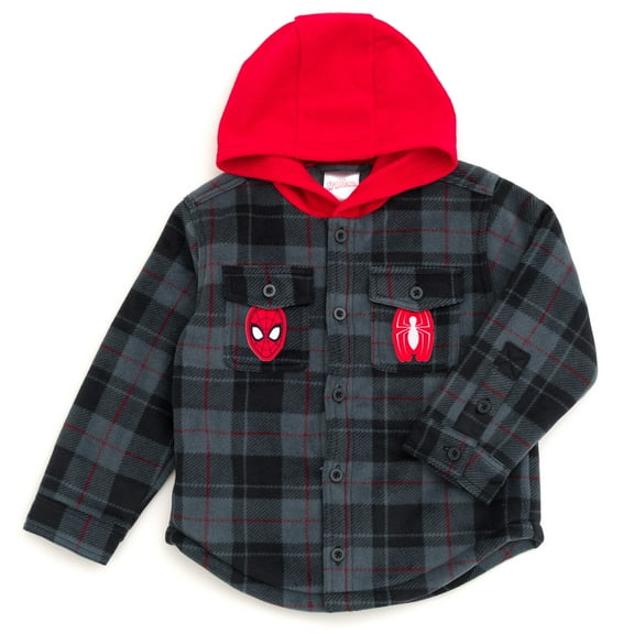 Marvel Spider-Man Flannel Hooded Shacket with Fleece Lining Plaid Toddler to Big Kid
