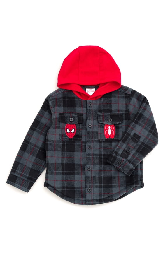 Spider-Man Flannel Hooded Shacket with Fleece Lining Plaid Toddler to Big Kid