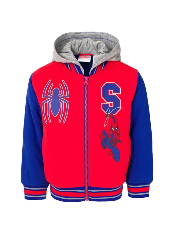 Spider-Man Little Boys' Varsity Hooded Bomber Jacket Red Blue Spiderman