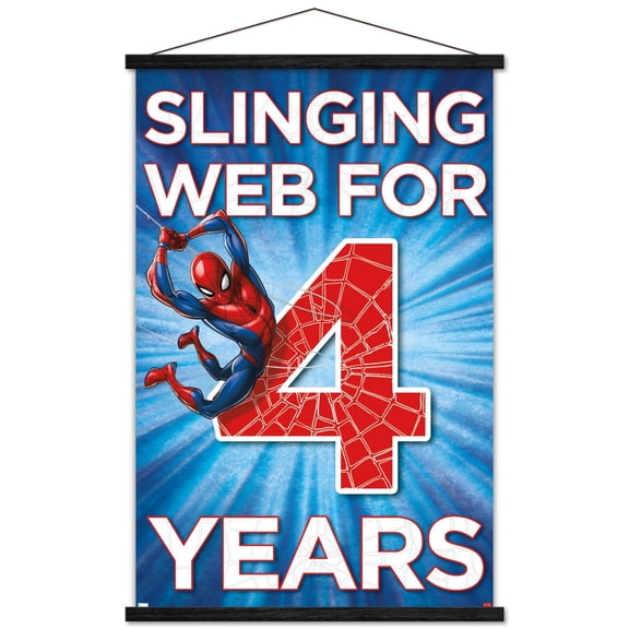 Marvel Spider-Man - Happy 4th Birthday Wall Poster with Magnetic Frame, 22.375" x 34"