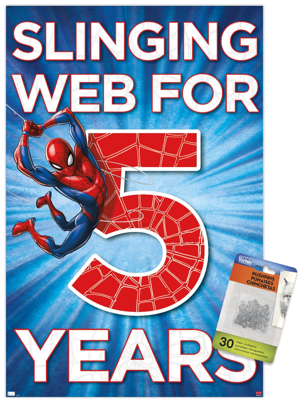 Marvel Spider-Man - Happy 5th Birthday Wall Poster with Pushpins, 14.725" x 22.375"