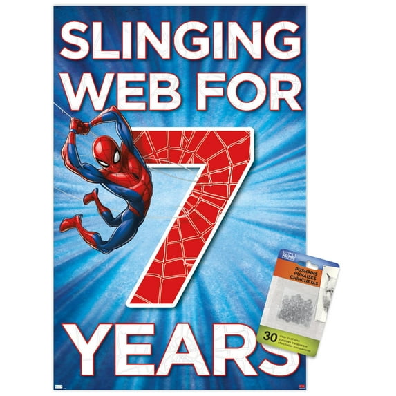 Marvel Spider-Man - Happy 7th Birthday Wall Poster with Pushpins, 14.725" x 22.375"