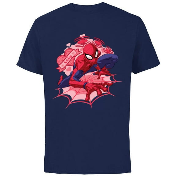 Marvel Spider-Man Hearts Valentine's Day - Short Sleeve Cotton T-Shirt for Adults - Customized-Navy