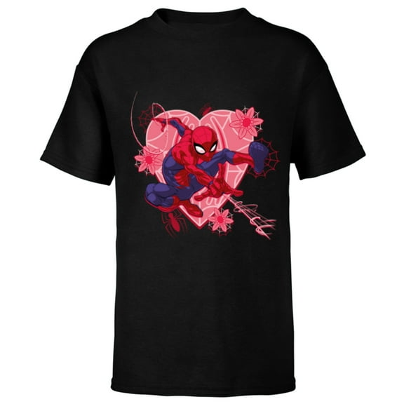 Marvel Spider-Man Hearts and Flowers Valentine's Day - Short Sleeve T-Shirt for Kids - Customized-Black
