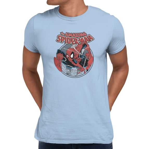 Marvel Spider-Man Hero Mode Vintage Mens T-Shirt (Light Blue, S-XXXL)