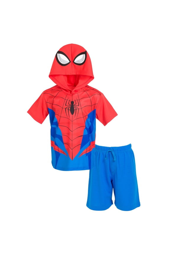 Spider-Man Little Boys' Cosplay 2-Piece Hooded Tee and Shorts Set Red Blue Spider Man