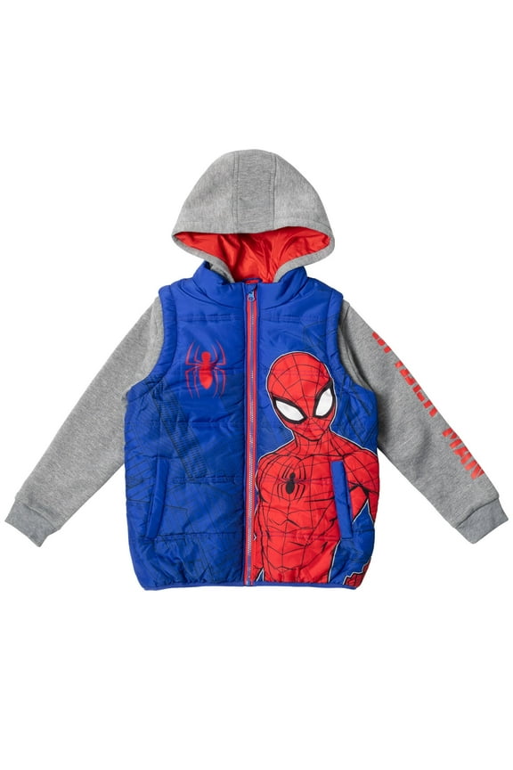 Spider-Man Little Boys Zip Up Vest 2fer Jacket Toddler to Big Kid
