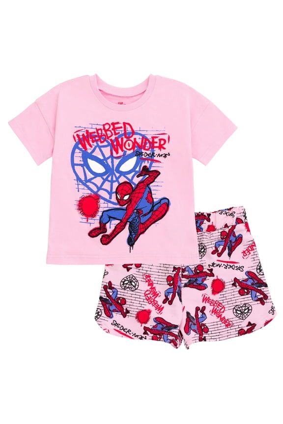 Spider-Man Little Girls T-Shirt and French Terry Dolphin Shorts Outfit Set Toddler to Big Kid