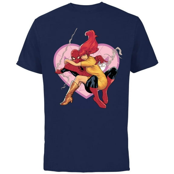 Marvel Spider-Man & Mary Jane Variant Cover Valentine's Day - Short Sleeve Cotton T-Shirt for Adults - Customized-Navy