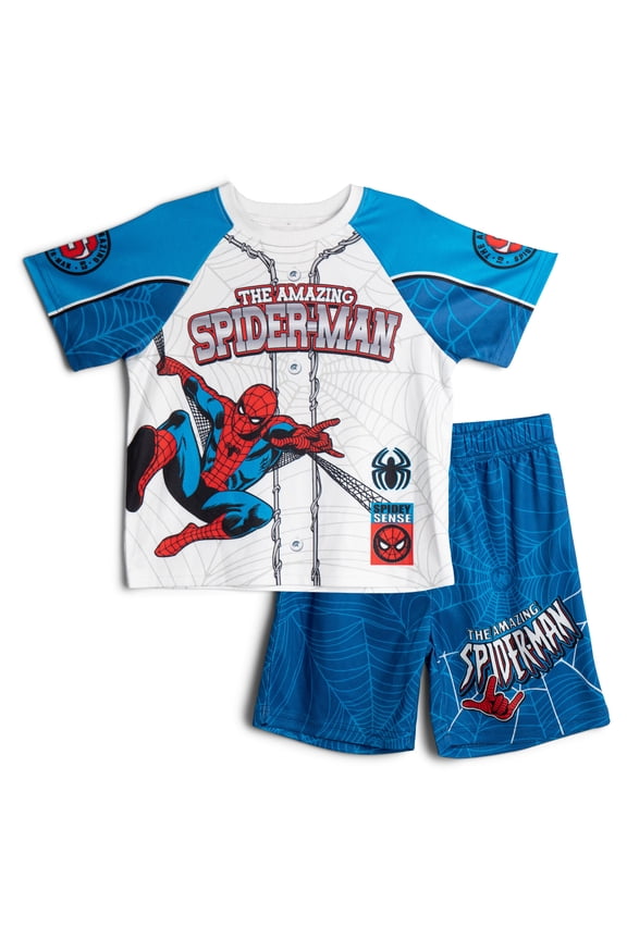 Spider-Man Mesh Baseball Jersey Athletic T-Shirt and Shorts Outfit Set Toddler to Big Kid