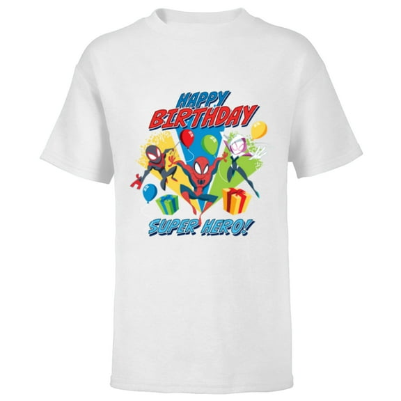 Marvel Spider-Man Miles Gwen Happy Birthday Super Hero! - Short Sleeve T-Shirt for Kids - Customized-White