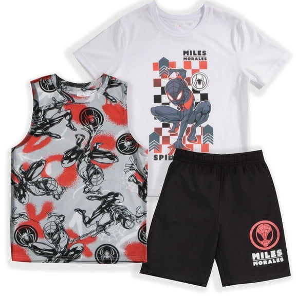 Marvel Boys Spider‑Man Miles Morales Short‑Sleeve T‑Shirt, Tank Top & Shorts 3‑Piece Set (Little & Big Boys), Sizes 4–8