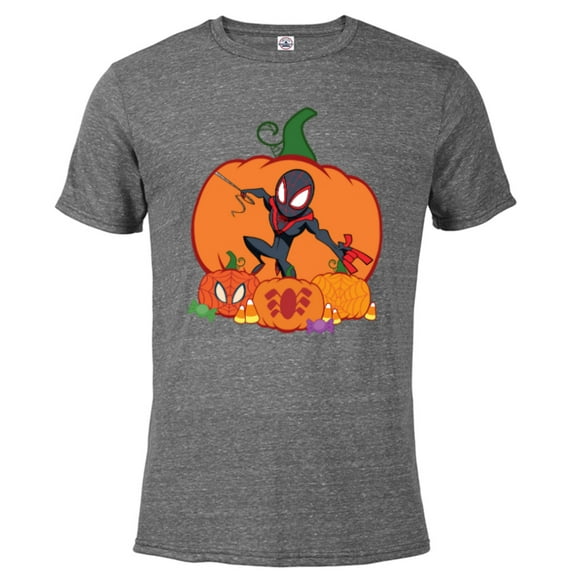 Marvel Spider-Man Miles Morales Halloween with Pumpkins - Short Sleeve Blended T-Shirt for Adults - Customized-Graphite Snow Heather