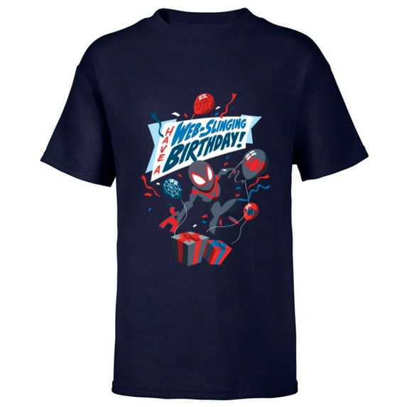 Marvel Spider-Man Miles Morales Have a Web-Slinging Birthday - Short Sleeve T-Shirt for Kids - Customized-Navy