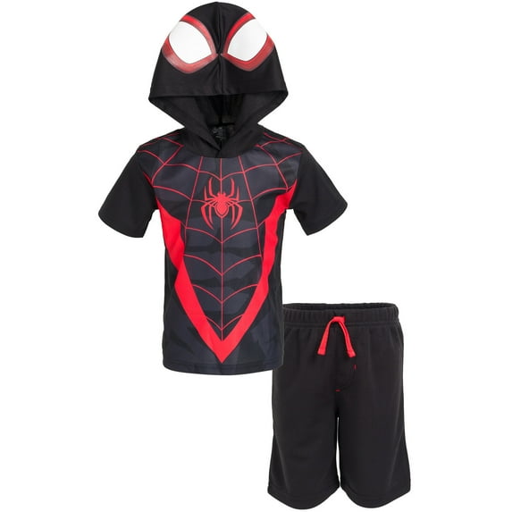 Marvel Spider-Man Miles Morales Hooded Athletic T-Shirt and Mesh Shorts Outfit Set Toddler to Big Kid