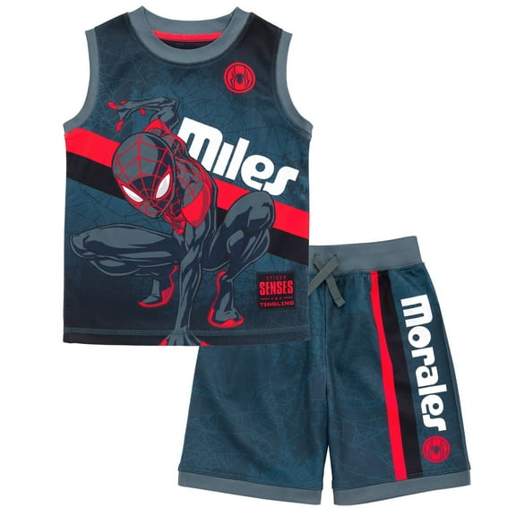Marvel Spider-Man Miles Morales Mesh Tank Top Shirt and Shorts Outfit Set Toddler to Big Kid