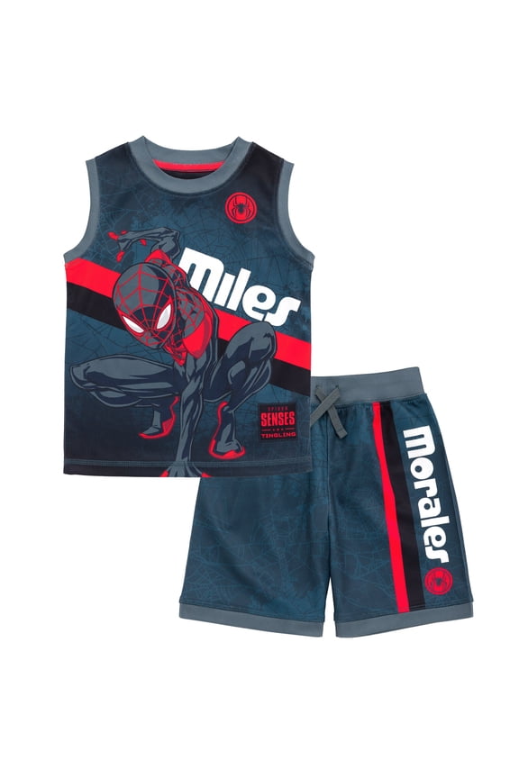 Spider-Verse Toddler Boys' Athletic Mesh Tank Top and Shorts Set Miles Morales Grey