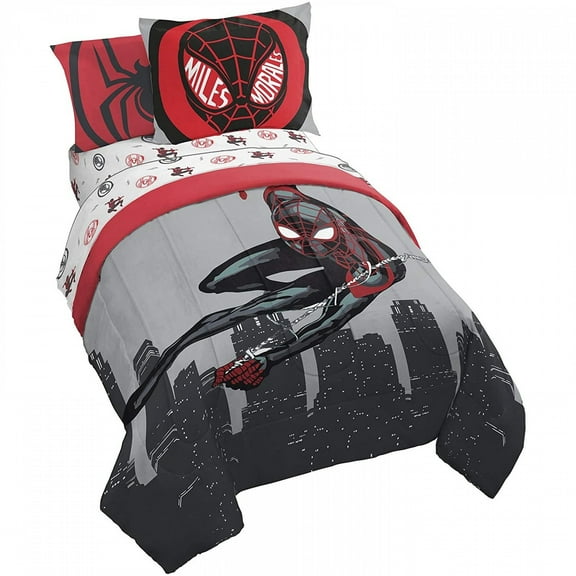 Marvel Spider Man Miles Morales New Kid Red & Black 5 Piece Twin Bed Set, 100% Microfiber
