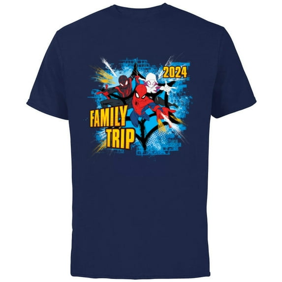 Marvel Spider-Man Miles Morales Spider-Gwen Family Trip 2024 - Short Sleeve Cotton T-Shirt for Adults - Customized-Navy