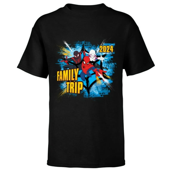 Marvel Spider-Man Miles Morales Spider-Gwen Family Trip 2024 - Short Sleeve T-Shirt for Kids - Customized-Black