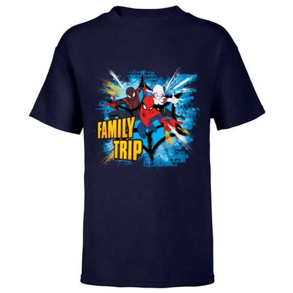 Marvel Spider-Man Miles Morales Spider-Gwen Family Trip - Short Sleeve T-Shirt for Kids - Customized-Navy