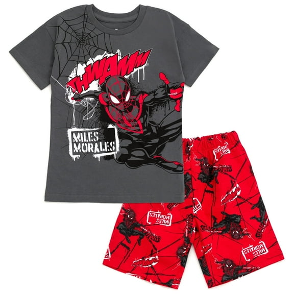 Marvel Spider-Man Miles Morales T-Shirt and French Terry Shorts Outfit Set Graffiti Toddler to Big Kid