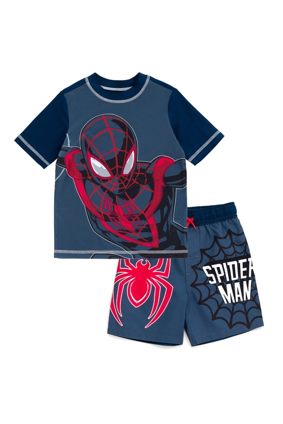 Spider-Verse Toddler Boys' Swimwear 2-Piece Rashguard and Swim Trunks Set Miles Morales Grey