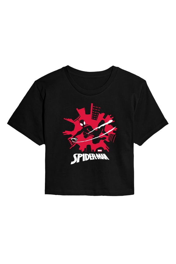 - Spider-Man Miles Skyline - Juniors Cropped Short Sleeve Graphic T-Shirt