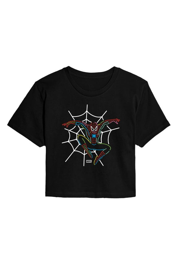 - Spider-Man Neon Web - Juniors Cropped Short Sleeve Graphic T-Shirt