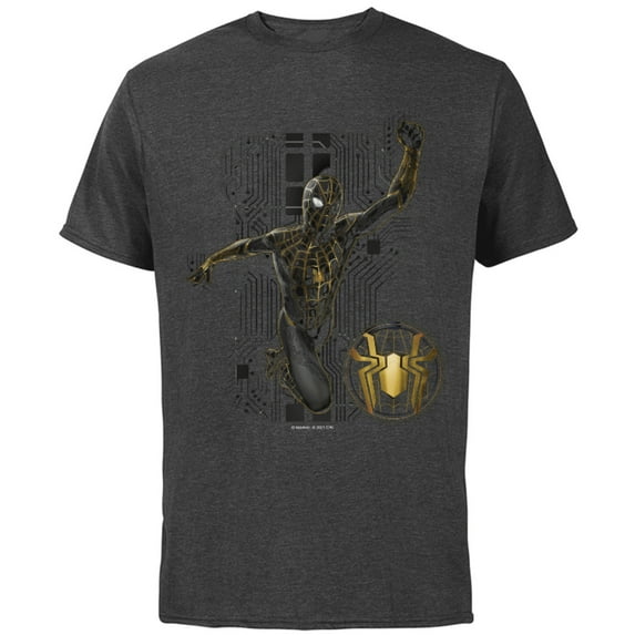 Marvel Spider-Man: No Way Home Black and Gold Suit in Action - Short Sleeve Cotton T-Shirt for Adults - Customized-Charcoal