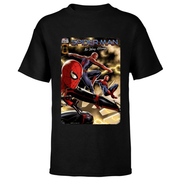Marvel Spider-Man: No Way Home Spider-Men Comic Cover - Short Sleeve T-Shirt for Kids - Customized-Black