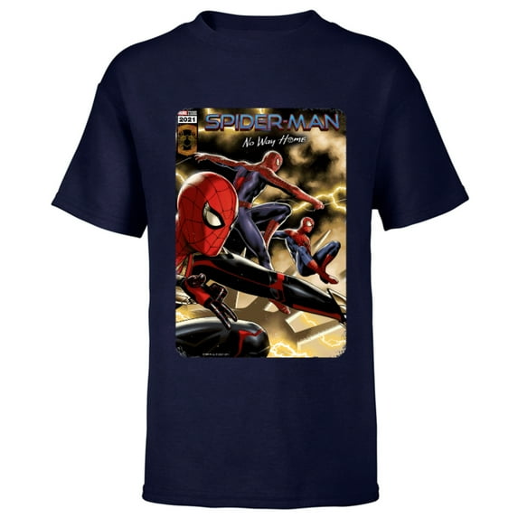 Marvel Spider-Man: No Way Home Spider-Men Comic Cover - Short Sleeve T-Shirt for Kids - Customized-Navy