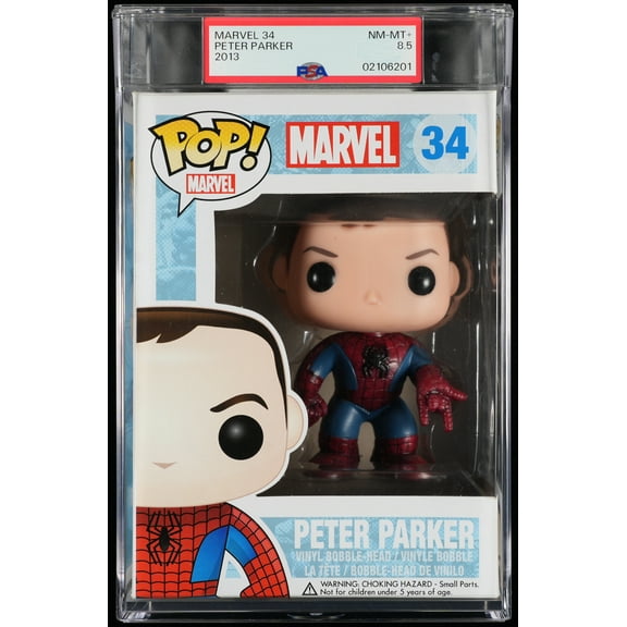 Marvel Spider-Man, PSA Graded 8.5 NM-MT+, Peter Parker Collectible Vinyl Figure #34, Fully Encapsulated Bundle with Compatible Funko Pop! PSA Hard Protector Case