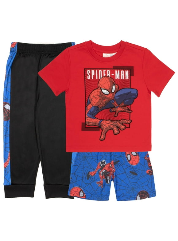 Marvel Spider-Man Peter Parker Miles Morales Boys 3-Piece Set - Spiderman Short Sleeve T-Shirt, Shorts, & Jogger Pants 3-Pack (Size 5-4T)